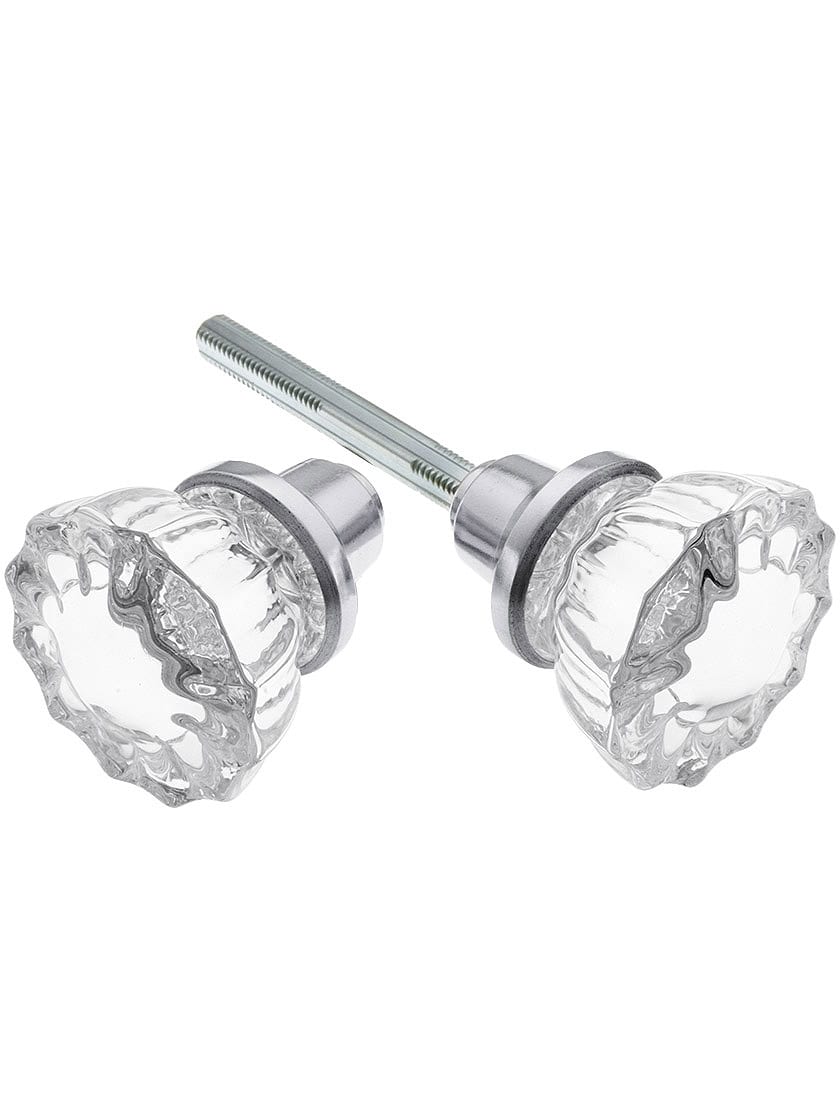 Pair of Fluted Glass Door Knobs With Plated Zinc Base in Polished