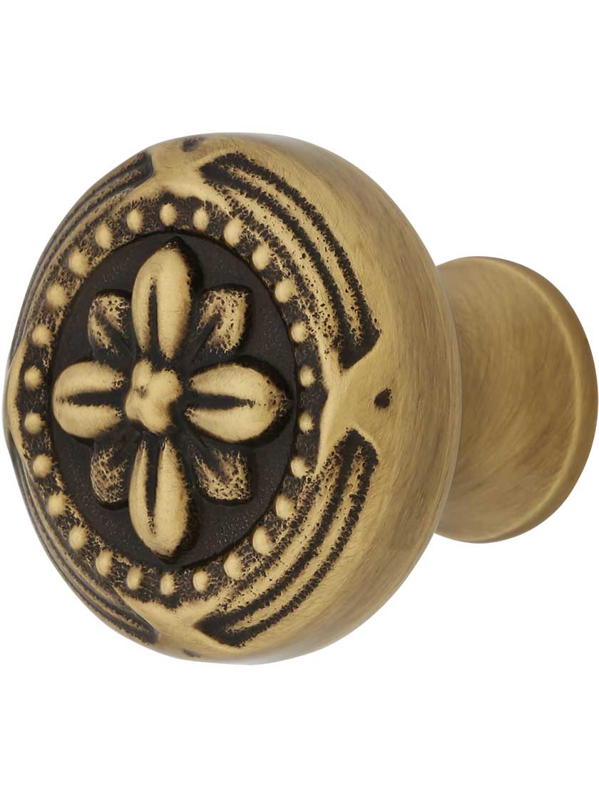 Round Brass Cabinet Knob With Rosette in Antique-By-Hand - 1 1/4 Diameter